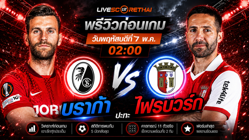 ดูบอลสด ถ่ายทอดสด ฟุตบอล ยูฟ่า ยูโรป้า ลีก : ไฟรบวร์ก -vs- บราก้า  วันพฤหัสบดีที่ 7 พฤษภาคม 2569  เวลา : 02.00 น.